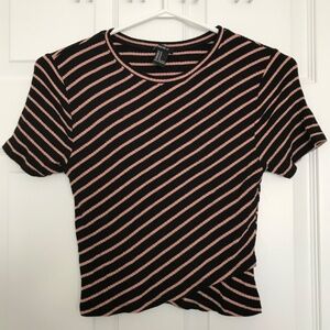FOREVER 21 Diagonal Stripe T Shirt Blouse S/M Fit Short Sleeve Black Pink